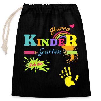Kindergarten Hurra personalisiert Kinder Spruch - Verschließbarer Geschenkbeutel aus Baumwolle (25x30cm) - Schwarz - Vorne