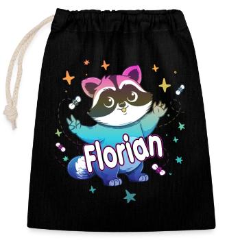 FLORIAN - Beautiful boy name with cute raccoon - Closable cotton gift bag (25x30cm) - black - Front