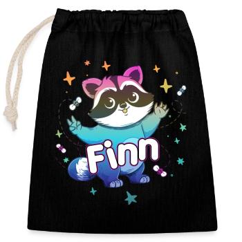 FINN - Schöner Jungen Name mit süßem Waschbär - Verschließbarer Geschenkbeutel aus Baumwolle (25x30cm) - Schwarz - Vorne