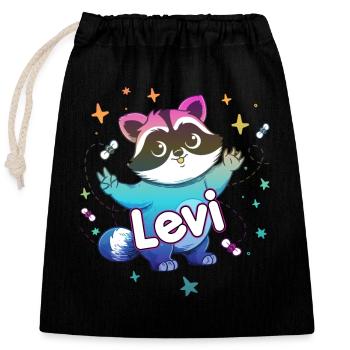 LEVI - Beautiful boy name with cute raccoon - Closable cotton gift bag (25x30cm) - black - Front