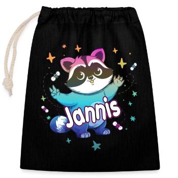 JANNIS - Beautiful boy name with cute raccoon - Closable cotton gift bag (25x30cm) - black - Front