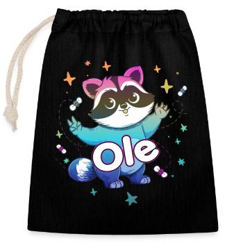 OLE - Beau nom de garçon avec un raton laveur mignon - Sac cadeau en coton avec cordon (25 x 30 cm) - noir - Devant