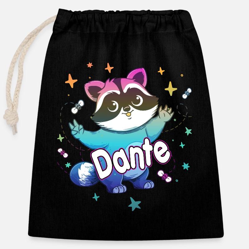 DANTE - Beau nom de garçon avec un raton laveur mignon - Sac cadeau en coton avec cordon (25 x 30 cm) - noir