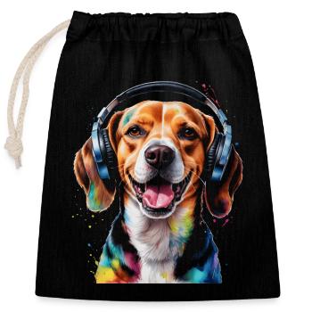 Beagle Kopfhörer Hund Lustig Tier Design Print - Verschließbarer Geschenkbeutel aus Baumwolle (25x30cm) - Schwarz - Vorne