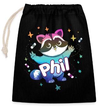 PHIL - Schöner Jungen Name mit süßem Waschbär - Verschließbarer Geschenkbeutel aus Baumwolle (25x30cm) - Schwarz - Vorne