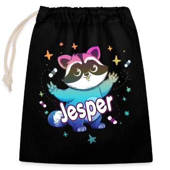 JESPER - Schöner Jungen Name mit süßem Waschbär - Verschließbarer Geschenkbeutel aus Baumwolle (25x30cm) - Schwarz - Vorne