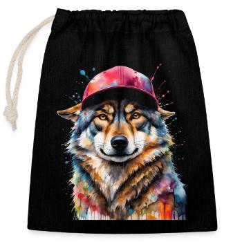 Wolf Snapback Cap Colorful Animal Design Print - Closable cotton gift bag (25x30cm) - black - Front