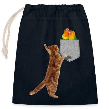 Katze, die nach Turteltauben in gefälschter Print-On-Tasche greift - Verschließbarer Geschenkbeutel aus Baumwolle (25x30cm) - Navy - Vorne
