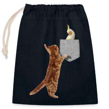 Cat Reaching Cockatiel Bird Fake Print-On Pocket - Closable cotton gift bag (25x30cm) - navy - Front