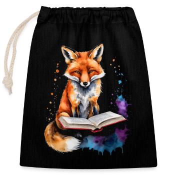 Fuchs Lesen Buch Bunt Tier Design Print - Verschließbarer Geschenkbeutel aus Baumwolle (25x30cm) - Schwarz - Vorne