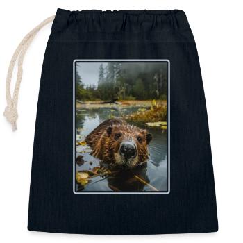 Beaver Biber - Sac cadeau en coton avec cordon (25 x 30 cm) - bleu marine - Devant