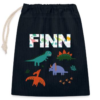 FINN - Schöner Jungen Name mit Dinosaurier - Verschließbarer Geschenkbeutel aus Baumwolle (25x30cm) - Navy - Vorne