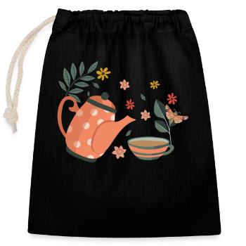 Vintage Teapot and Flowers Illustration for - Closable cotton gift bag (25x30cm) - black - Front