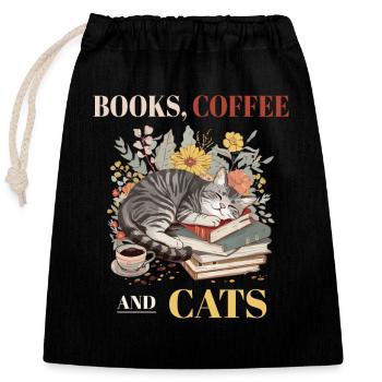 Books, Coffee And Cats - Perfekter Tag für - Verschließbarer Geschenkbeutel aus Baumwolle (25x30cm) - Schwarz - Vorne