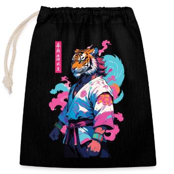 Tiger Yokai Vaporwave Aesthetic Samurai Design - Closable cotton gift bag (25x30cm) - black - Front