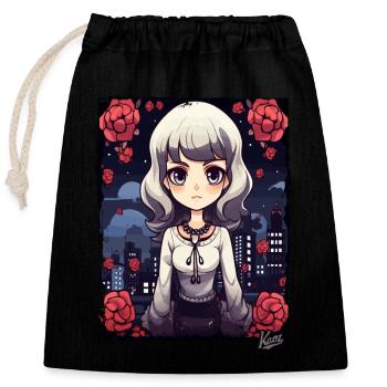 Chibi-Schönheit: Cartoon-Mädchen mit Blumen - Verschließbarer Geschenkbeutel aus Baumwolle (25x30cm) - Schwarz - Vorne