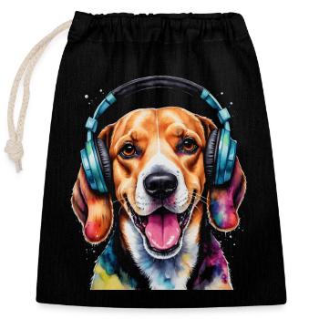 Beagle Kopfhörer Hund Lustig Tier Design Print - Verschließbarer Geschenkbeutel aus Baumwolle (25x30cm) - Schwarz - Vorne