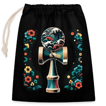 Japanese Kendama Floral Great Wave - Closable cotton gift bag (25x30cm) - black - Front