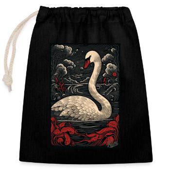 Gravure sur bois d’un cygne sur un lac - Sac cadeau en coton avec cordon (25 x 30 cm) - noir - Devant