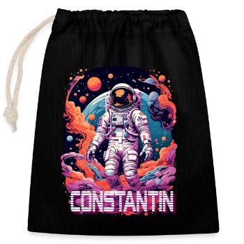 CONSTANTIN - Schöner Jungen Name mit Astronaut - Verschließbarer Geschenkbeutel aus Baumwolle (25x30cm) - Schwarz - Vorne