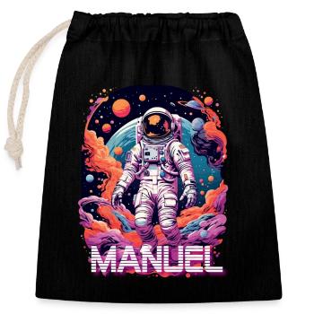 MANUEL - Beautiful boy name with cool astronaut - Closable cotton gift bag (25x30cm) - black - Front