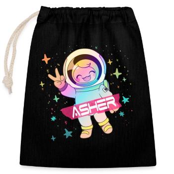 ASHER - Beau nom de garçon avec astronaute mignon - Sac cadeau en coton avec cordon (25 x 30 cm) - noir - Devant