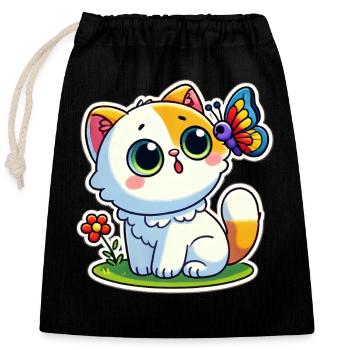 Un chat mignon est surpris de voir un papillon - Sac cadeau en coton avec cordon (25 x 30 cm) - noir - Devant
