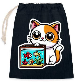 Cute ginger white Cat sitting by the Aquarium - Closable cotton gift bag (25x30cm) - navy - Front
