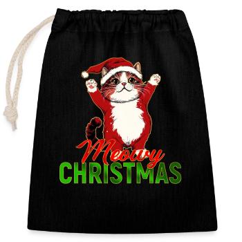 Meowy Christmas – Lustige Katze im Weihnachtsmann - Verschließbarer Geschenkbeutel aus Baumwolle (25x30cm) - Schwarz - Vorne