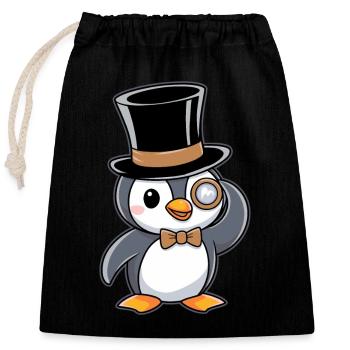 Elegant penguin with top hat and monocle - Closable cotton gift bag (25x30cm) - black - Front