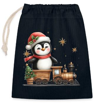 Fröhlicher Weihnachts-Pinguin Mit Dampflok - Verschließbarer Geschenkbeutel aus Baumwolle (25x30cm) - Navy - Vorne
