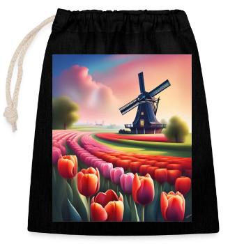 Un beau champ de tulipes en Hollande - Sac cadeau en coton avec cordon (25 x 30 cm) - noir - Devant