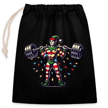Christmas Fitness Elf with Dumbbells - Closable cotton gift bag (25x30cm) - black - Front
