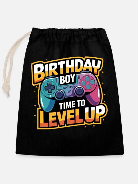 Birthday Boy Time to Level Up Birthday Gamer Boys - Closable cotton gift bag (25x30cm) - black