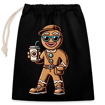 Funny gingerbread man with coffee for Christmas - Closable cotton gift bag (25x30cm) - black - Front