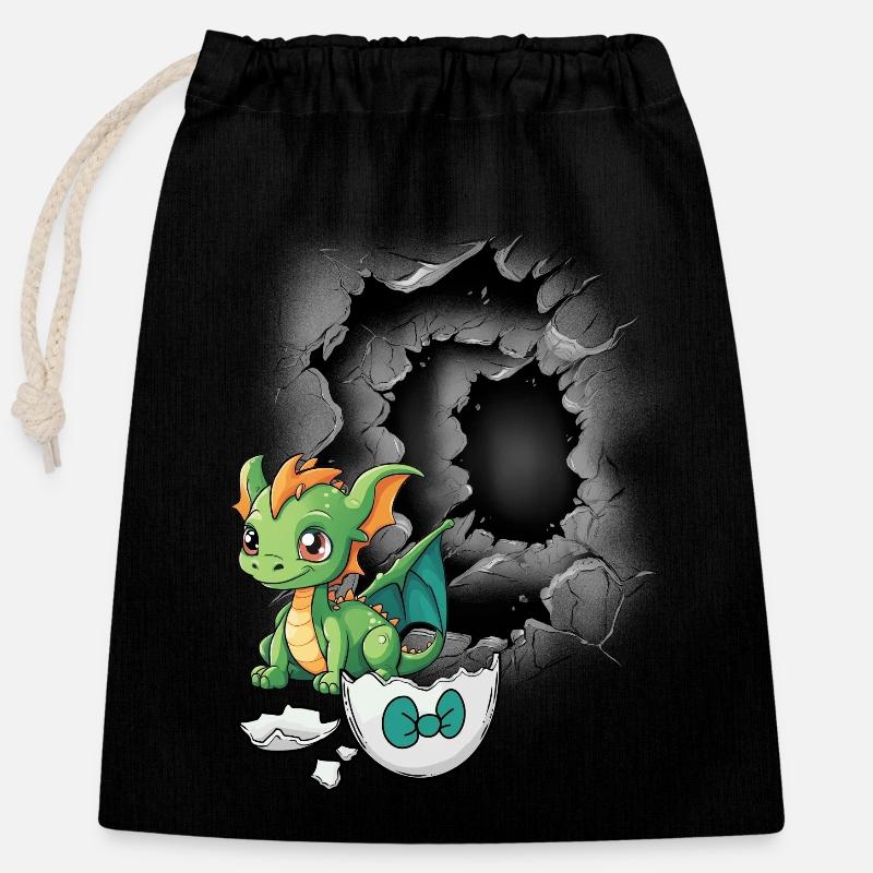 Baby Dino Drache Drachen Eierschale schlüpfen - Verschließbarer Geschenkbeutel aus Baumwolle (25x30cm) - Schwarz