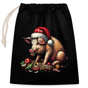Weihnachtsschwein Mit Festlichem Appetit - Verschließbarer Geschenkbeutel aus Baumwolle (25x30cm) - Schwarz - Vorne