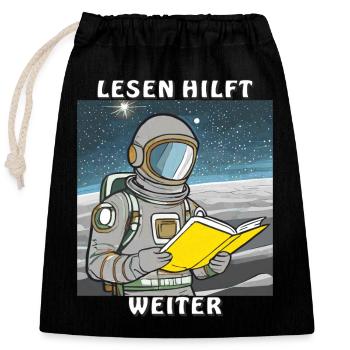 ASTRONAUT BUCH LESEN HILFT WEITER - Verschließbarer Geschenkbeutel aus Baumwolle (25x30cm) - Schwarz - Vorne
