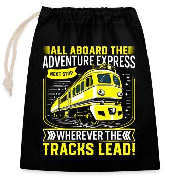 All aboard the adventure express – next stop: wher - Closable cotton gift bag (25x30cm) - black - Front