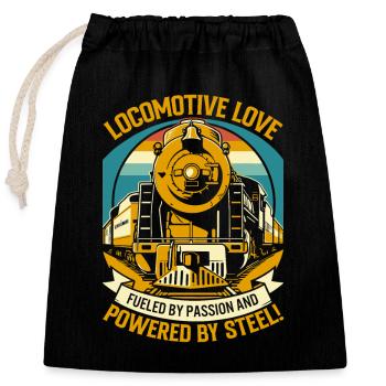 Locomotive love: Fueled by passion and powered by - Closable cotton gift bag (25x30cm) - black - Front