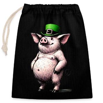 Irish Charm Pig with Leprechaun Hat Funny Design - Closable cotton gift bag (25x30cm) - black - Front