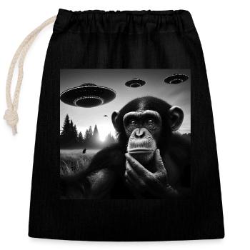 Chimp Monkey Ape Funny Selfie with UFOs Weird Alie - Closable cotton gift bag (25x30cm) - black - Front