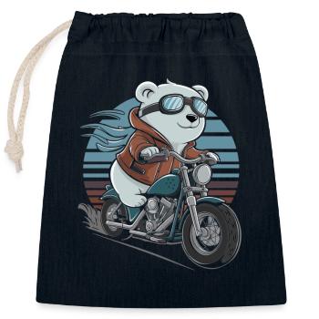 Ours sur l’aventure à moto style rétro - Sac cadeau en coton avec cordon (25 x 30 cm) - bleu marine - Devant