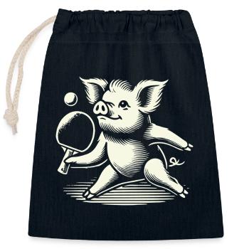 Funny cute pig playing table tennis - Closable cotton gift bag (25x30cm) - navy - Front