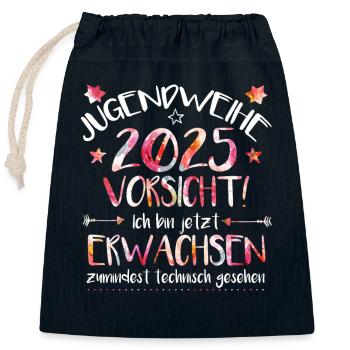 Jugendweihe 2025 Vorsicht! Ich bin jetzt erwachsen - Verschließbarer Geschenkbeutel aus Baumwolle (25x30cm) - Navy - Vorne