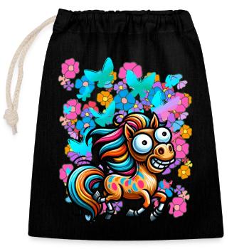 Cheval Chevaux Printemps Fleurs Insectes Enfants - Sac cadeau en coton avec cordon (25 x 30 cm) - noir - Devant