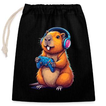 Capybara Gaming Adventure for Gamer Fans - Closable cotton gift bag (25x30cm) - black - Front