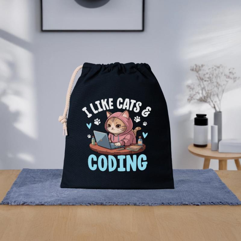 I Like Cats and Coding Nerd Design Closable cotton gift bag (25x30cm)