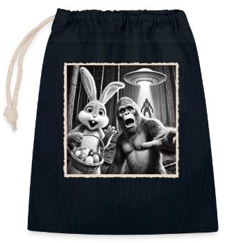 Pâques, Lapin de Pâques drôle, Lapin Selfie Fête de Pâques - Sac cadeau en coton avec cordon (25 x 30 cm) - bleu marine - Devant