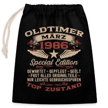 40. Geburtstag Oldtimer März Jahrgang 1986 - Verschließbarer Geschenkbeutel aus Baumwolle (25x30cm) - Schwarz - Vorne